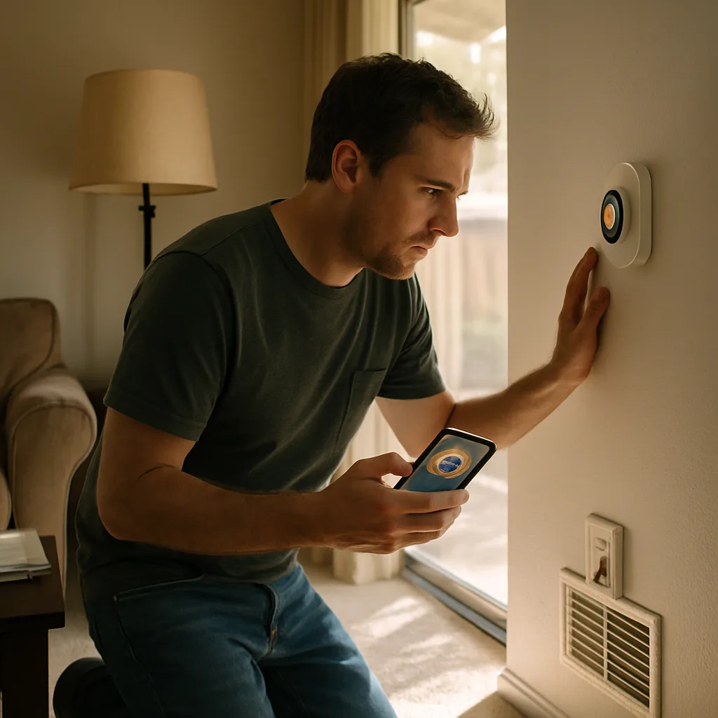 ventilation-system-installation-homeowner-vent-check-sunnyvale Homeowner checking uneven room temperature near vent, a sign of ventilation issues in Sunnyvale