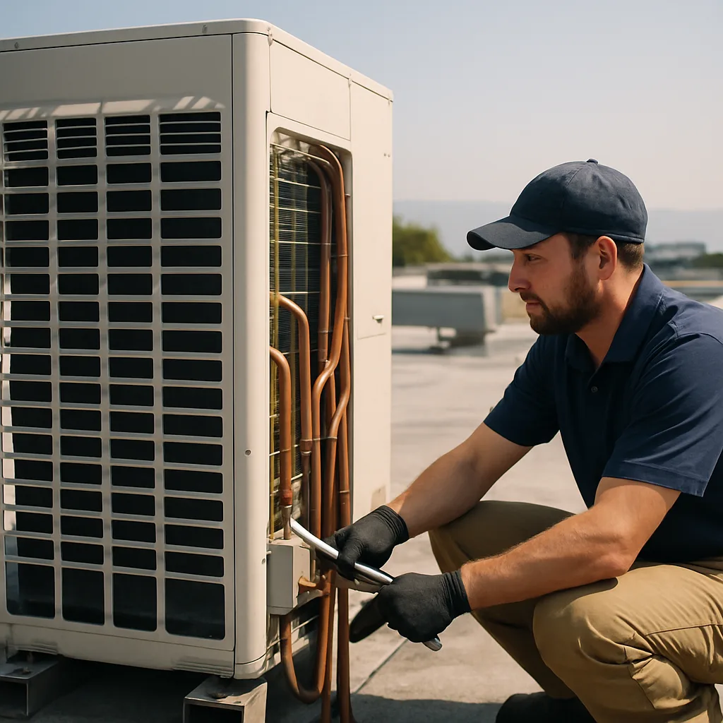 Technician installing rooftop VRF outdoor unit during HVAC service in Sunnyvale