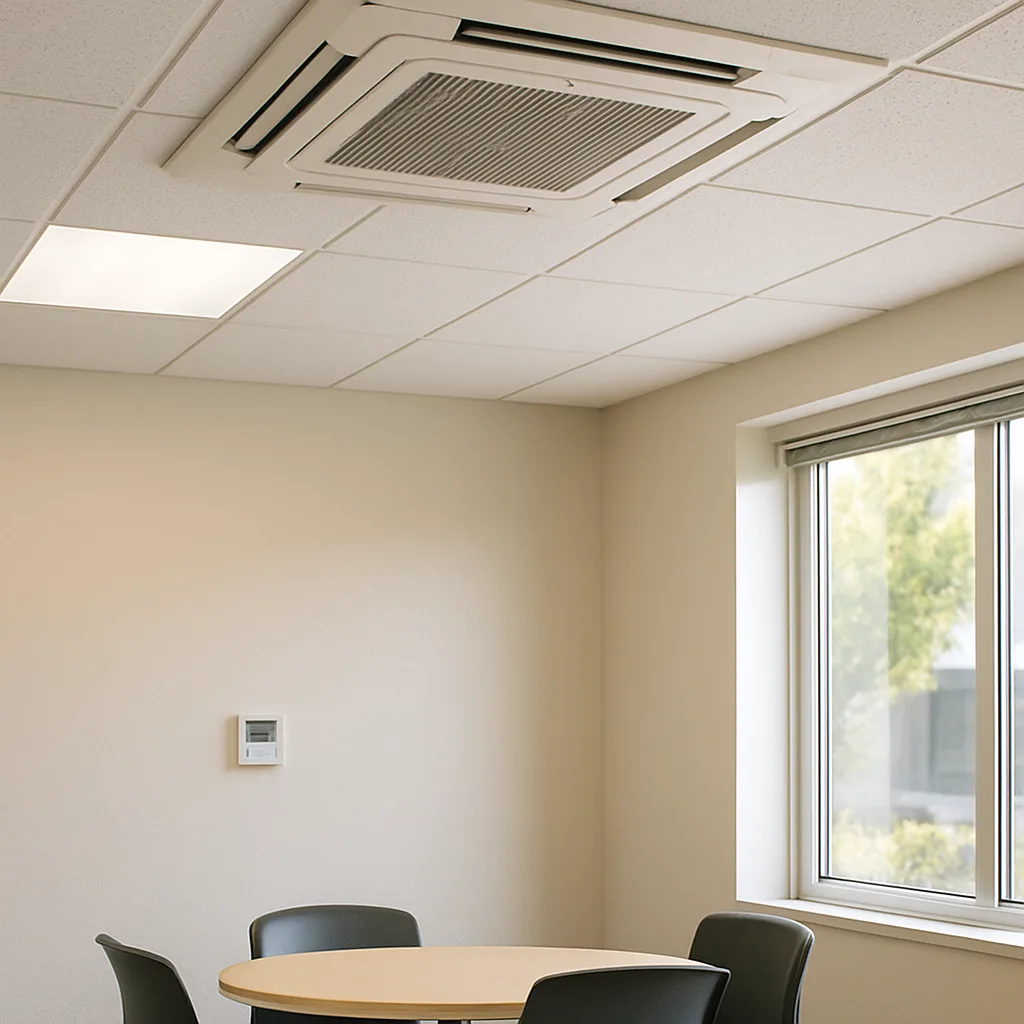 vrf-system-installation-completed-ceiling-cassette-sunnyvale Completed VRF ceiling cassette unit installed in Sunnyvale office break room