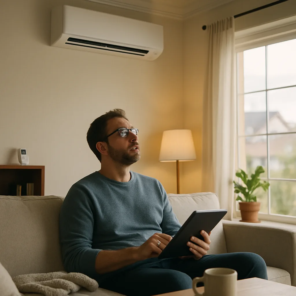 vrf-system-installation-homeowner-living-room-sunnyvale Homeowner relaxing near wall-mounted VRF unit after installation in Sunnyvale home