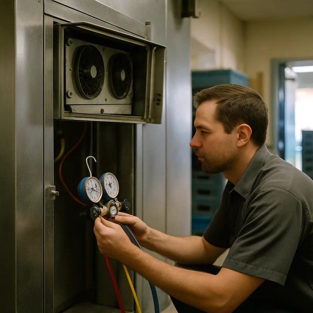 Technician checking refrigerant gauges on walk-in cooler repair unit in Sunnyvale kitchen
