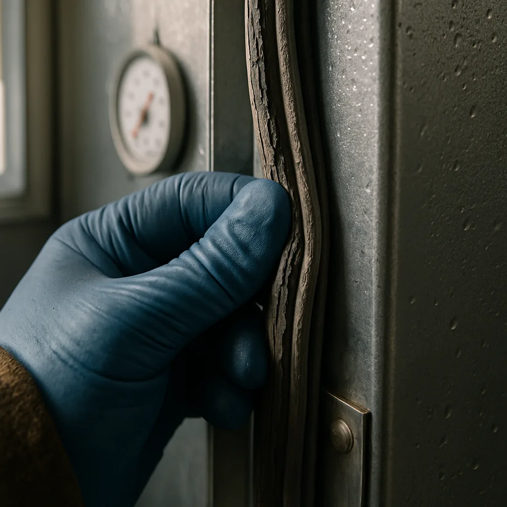 Close-up of cracked door seal during walk-in cooler repair inspection in Sunnyvale