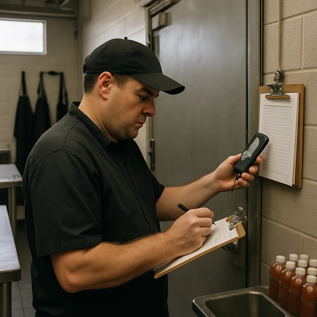 Kitchen manager checking cooler temperature log before calling for walk-in cooler repair Sunnyvale
