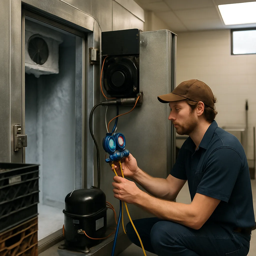 Technician checking walk-in freezer compressor during repair in Sunnyvale kitchen
