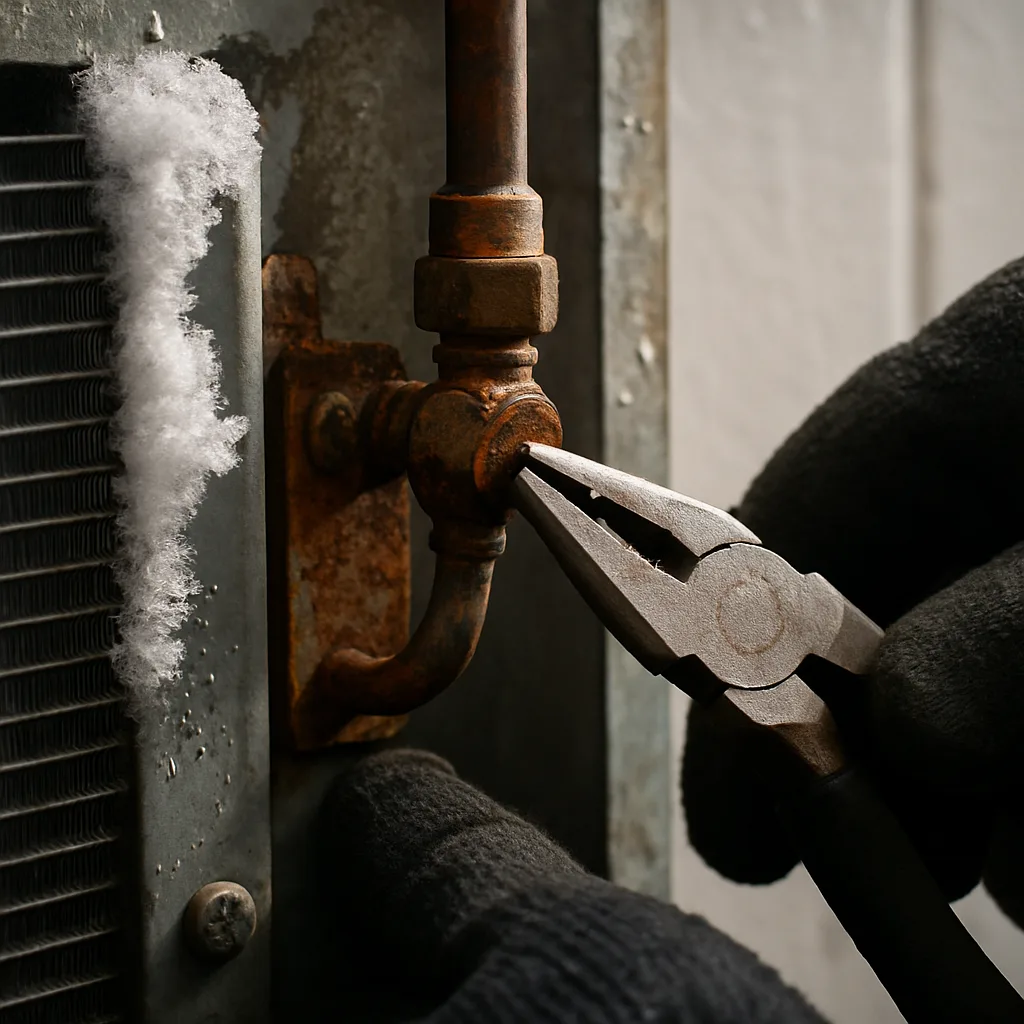 walk-in-freezer-repair-refrigerant-line-detail-sunnyvale Close-up hands repairing corroded refrigerant line on Sunnyvale walk-in freezer
