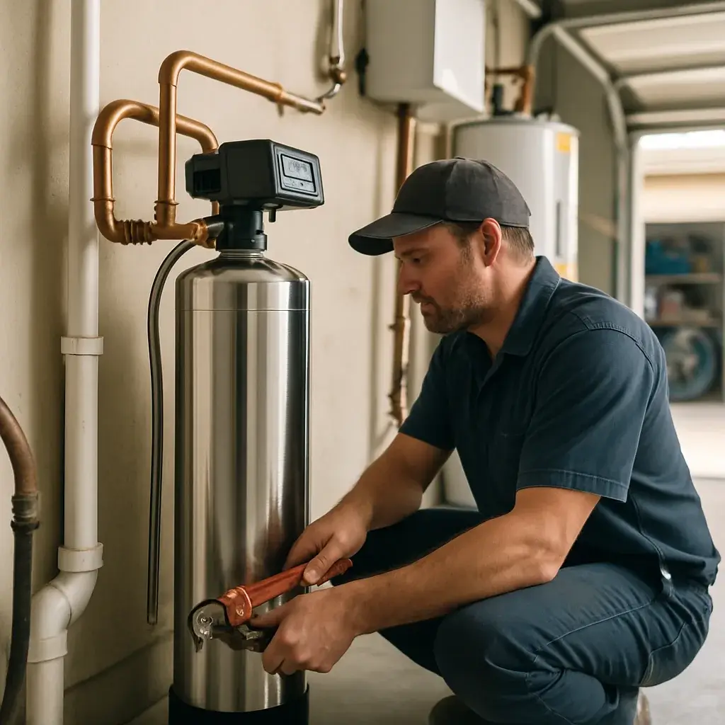 Technician installing water conditioner system in Sunnyvale home garage