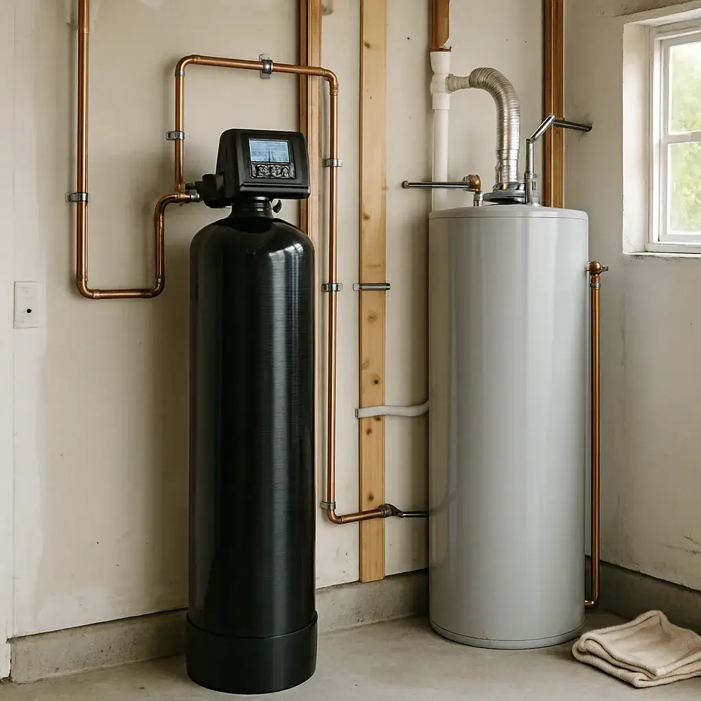water-conditioner-installation-completed-result-sunnyvale Completed water conditioner installation next to water heater in Sunnyvale