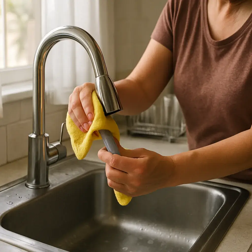 water-conditioner-results-clean-faucet-sunnyvale-home Homeowner wiping clean faucet after water conditioner installation in Sunnyvale