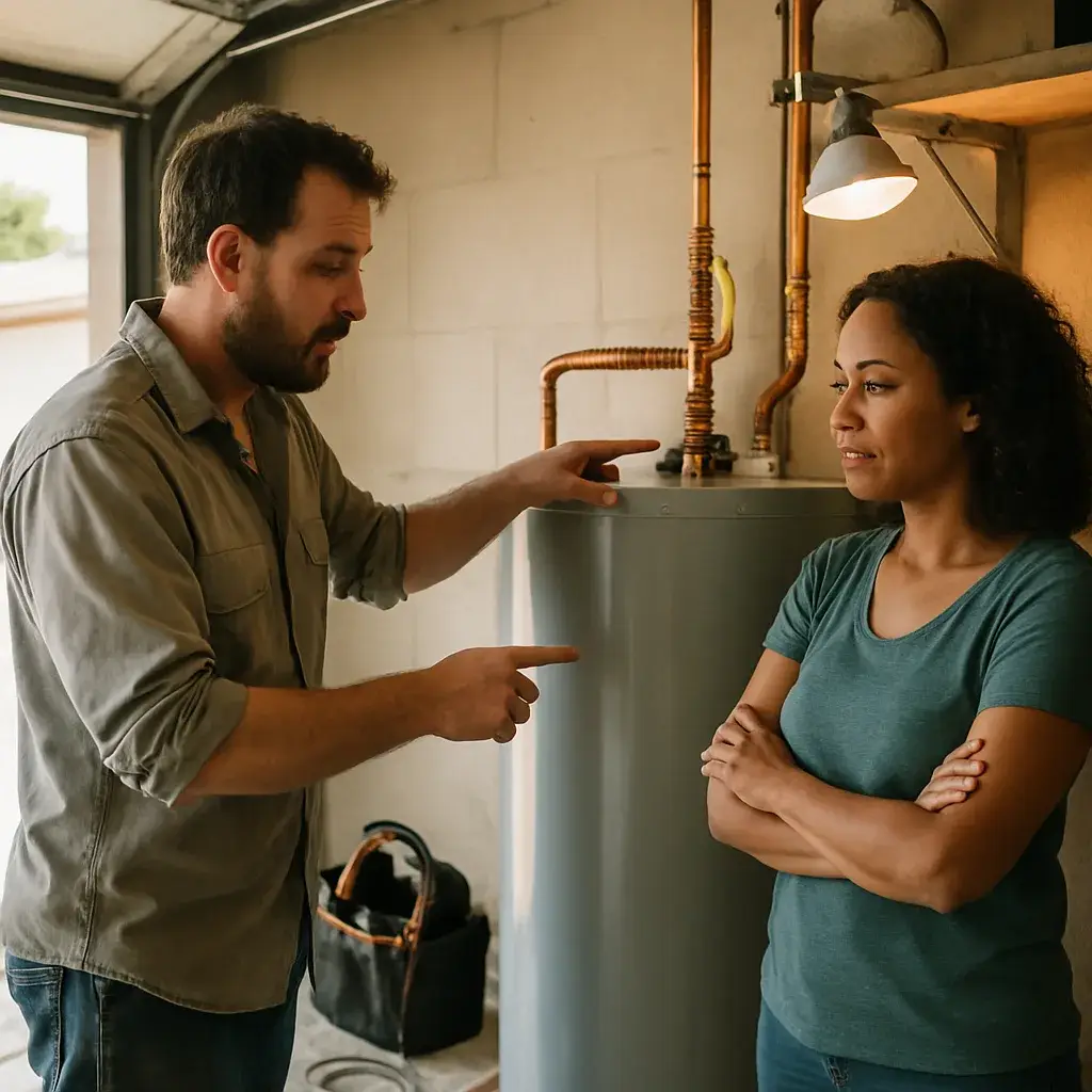 Technician and homeowner discuss water heater installation cost factors in Sunnyvale garage