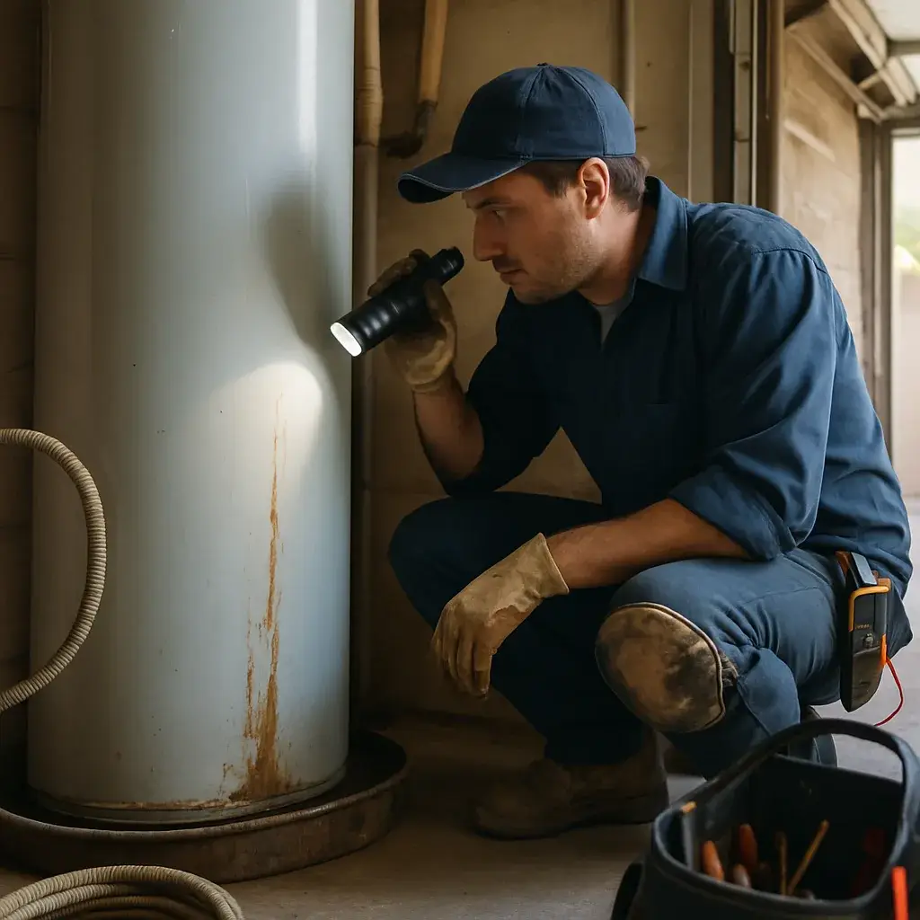 Technician inspecting old water heater for wear during Sunnyvale installation visit
