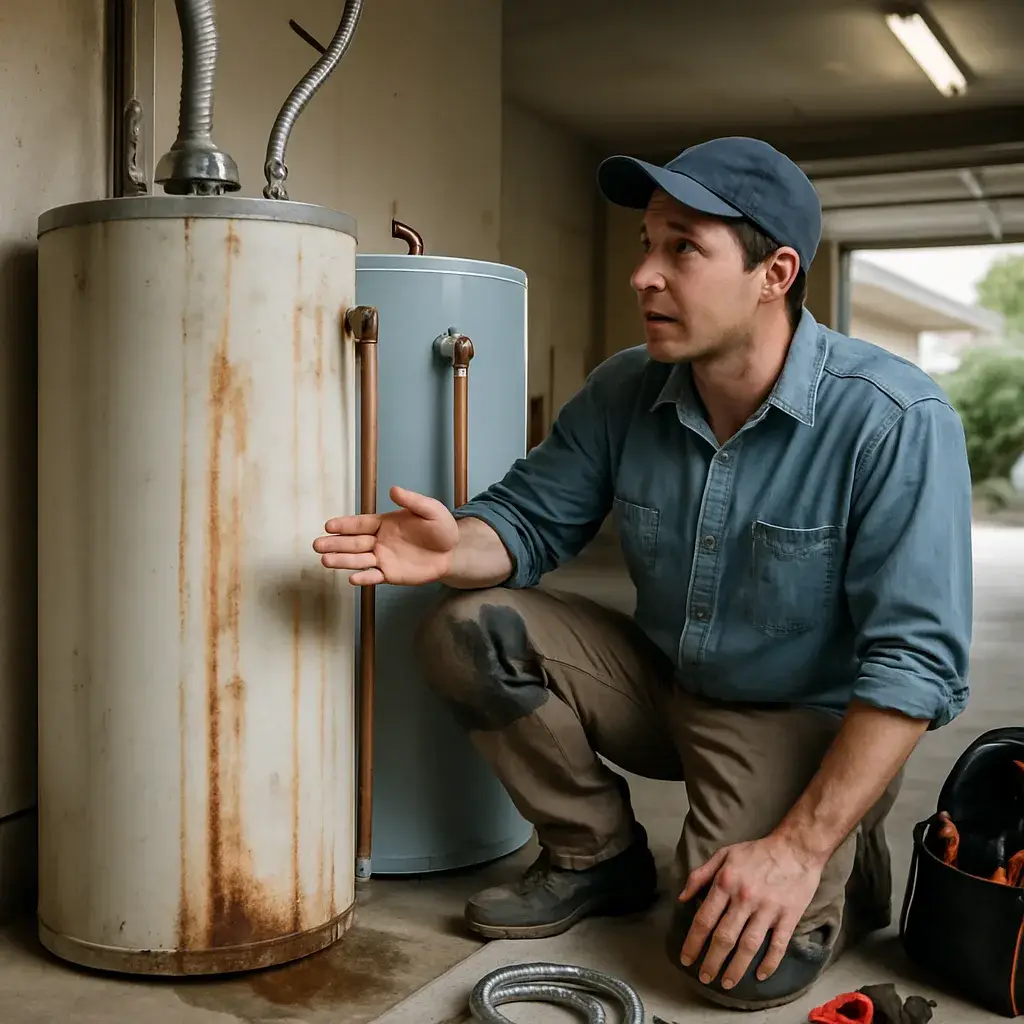 Technician comparing old and new water heaters during Sunnyvale installation decision