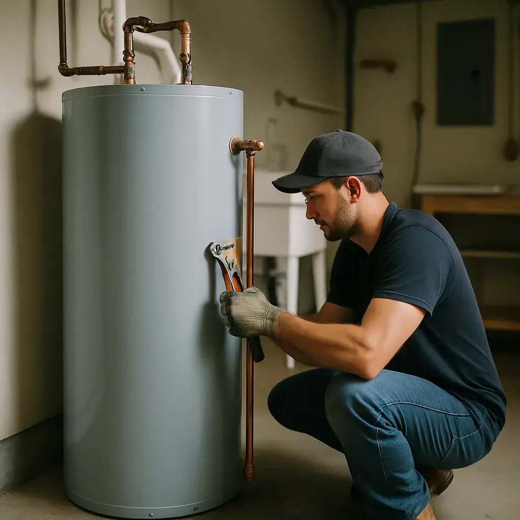 Installer tightening pipe fitting on new water heater tank in Sunnyvale garage