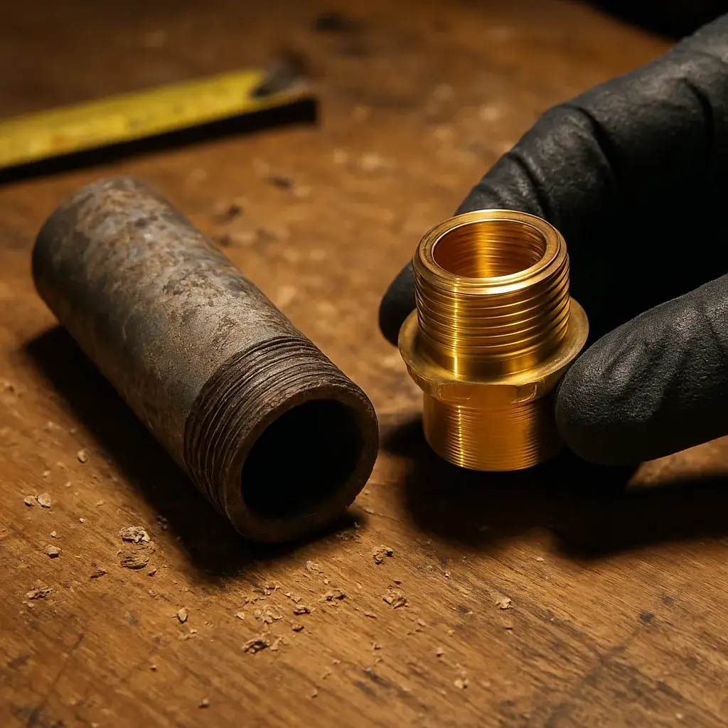 water-heater-installation-pipe-fitting-cost-factor-closeup Corroded pipe fitting compared to new brass part shows water heater installation cost factors