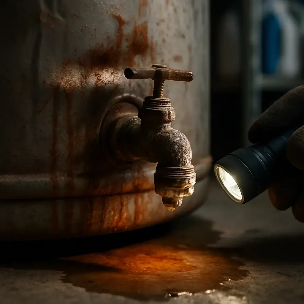 water-heater-replacement-corroded-tank-valve-sunnyvale Rust and corrosion on old water heater tank valve needing replacement in Sunnyvale