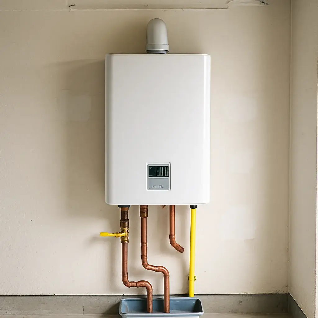 tankless-water-heater-installation-finished-sunnyvale Newly installed tankless water heater mounted on wall in Sunnyvale garage
