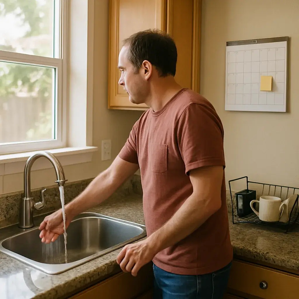 water-heater-installation-homeowner-kitchen-sunnyvale Homeowner checking hot water at kitchen sink after Sunnyvale water heater service