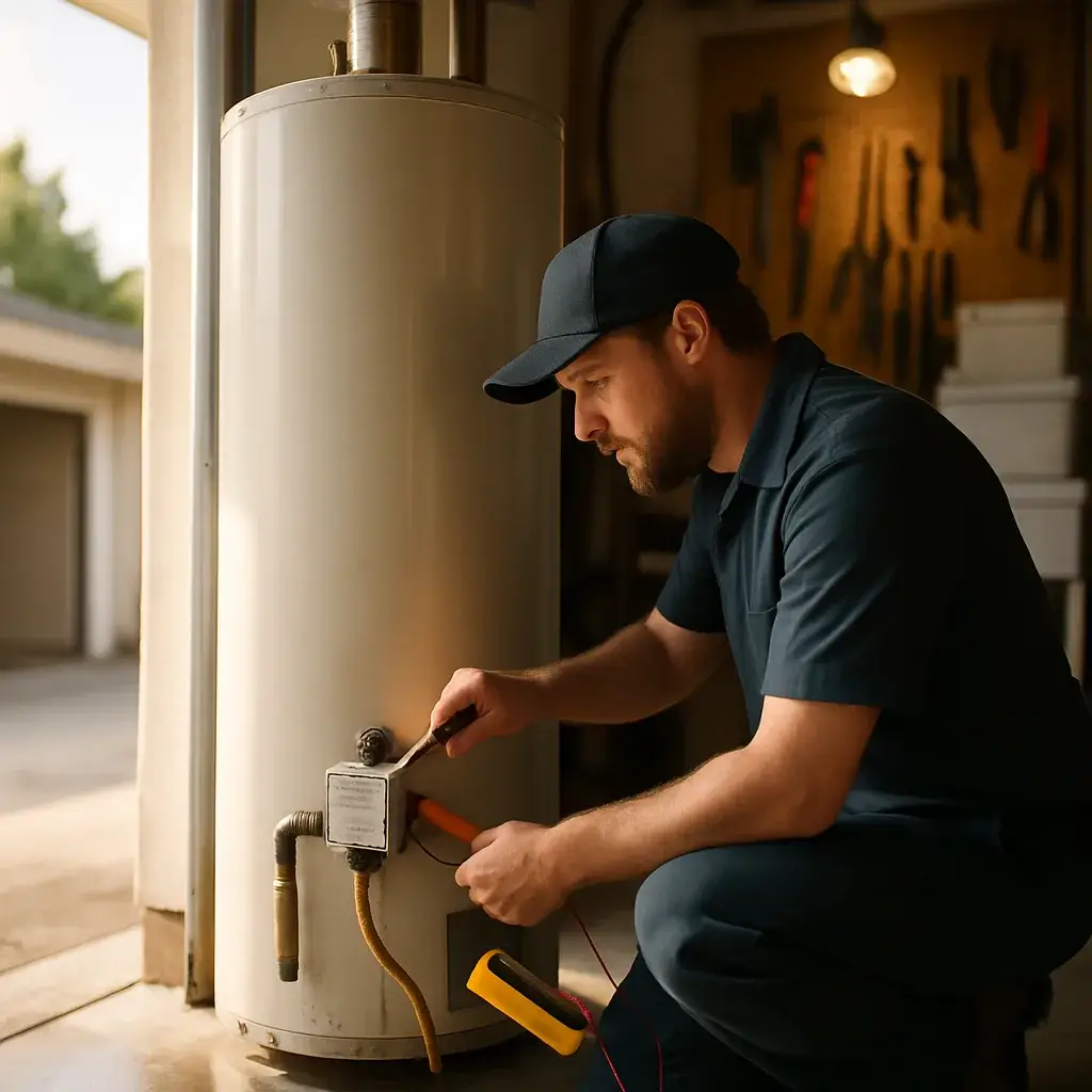 Technician repairing gas control valve on water heater tank in Sunnyvale garage