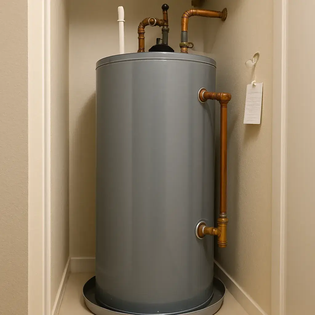 water-heater-repair-completed-tank-sunnyvale Repaired water heater tank with clean connections in Sunnyvale utility closet