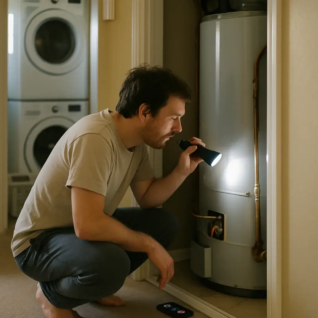 water-heater-repair-pilot-light-check-sunnyvale Homeowner checking pilot light before calling water heater repair in Sunnyvale