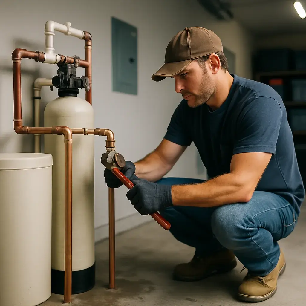 Plumber installing water softener system in Sunnyvale home garage utility space