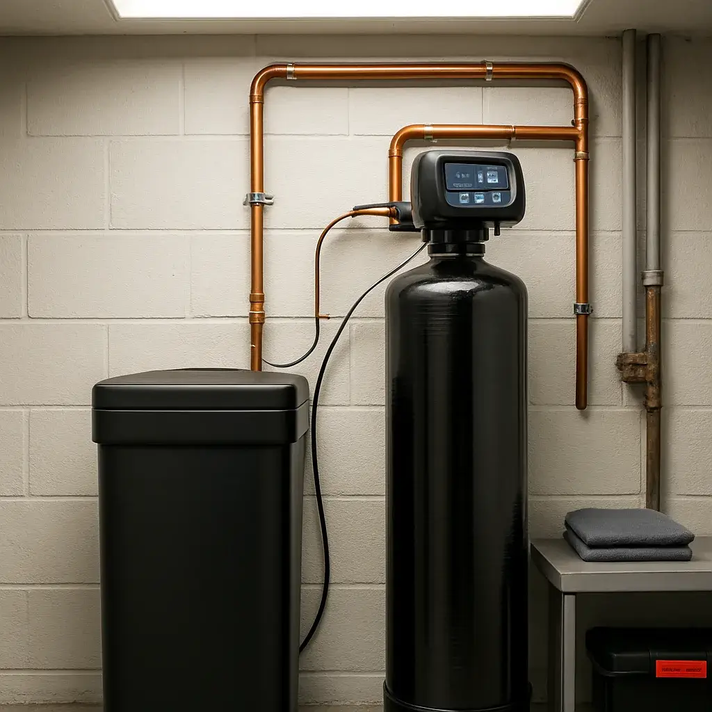 water-softener-installation-completed-result-sunnyvale Completed water softener installation with clean copper piping in Sunnyvale garage