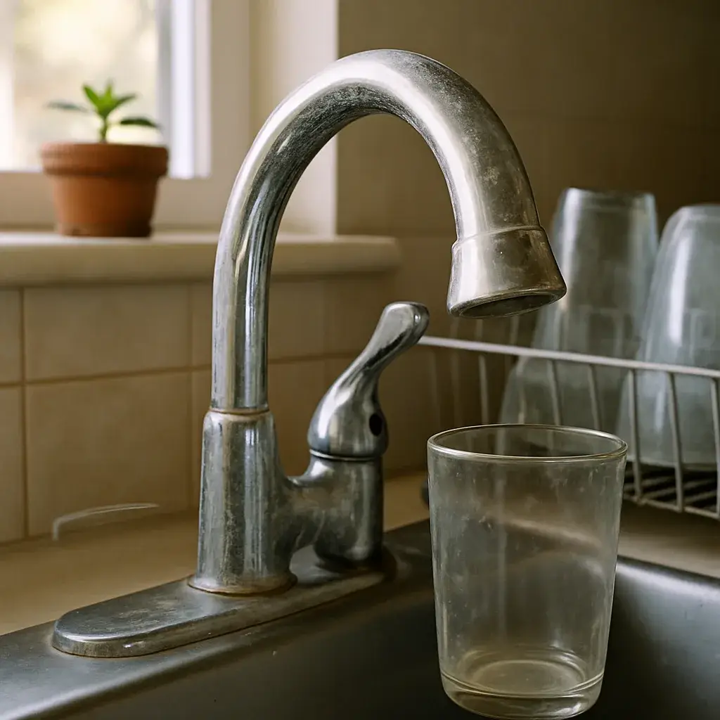 hard-water-signs-kitchen-faucet-sunnyvale Hard water mineral spots on kitchen faucet signaling need for water softener Sunnyvale