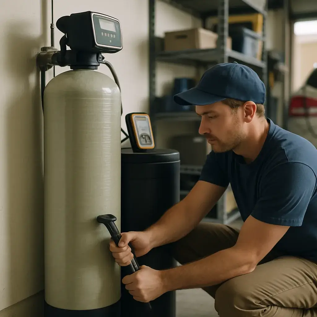 Technician servicing a water softener bypass valve in a Sunnyvale garage