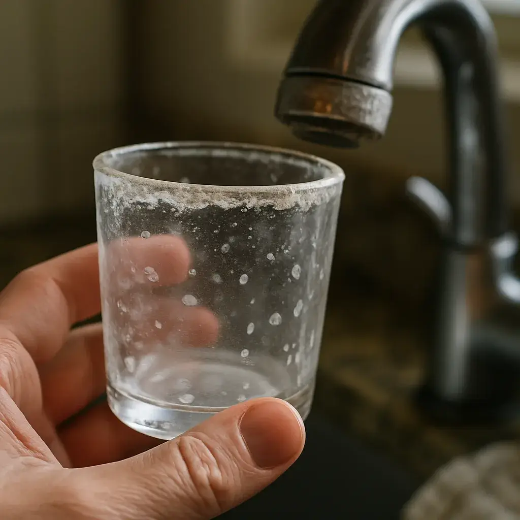 hard-water-spots-glass-sunnyvale-softener-maintenance Mineral spots on a glass showing hard water signs before softener maintenance