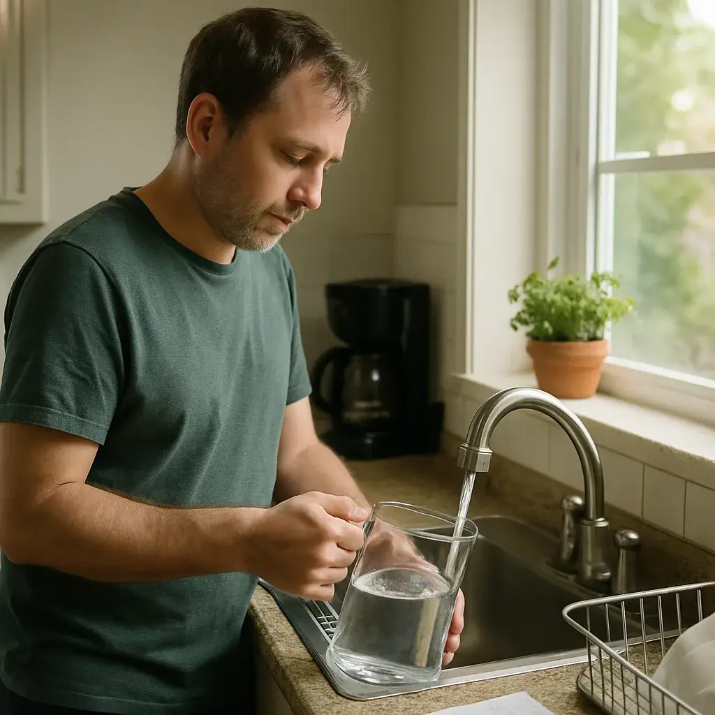 homeowner-clear-tap-water-sunnyvale-softener-result Homeowner filling water pitcher after water softener maintenance in Sunnyvale
