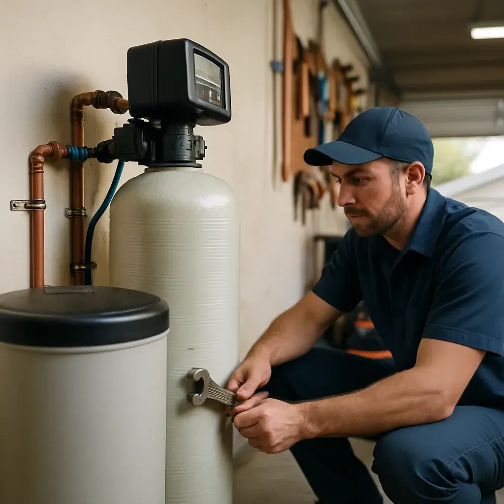 Technician repairing water softener bypass valve in Sunnyvale home garage