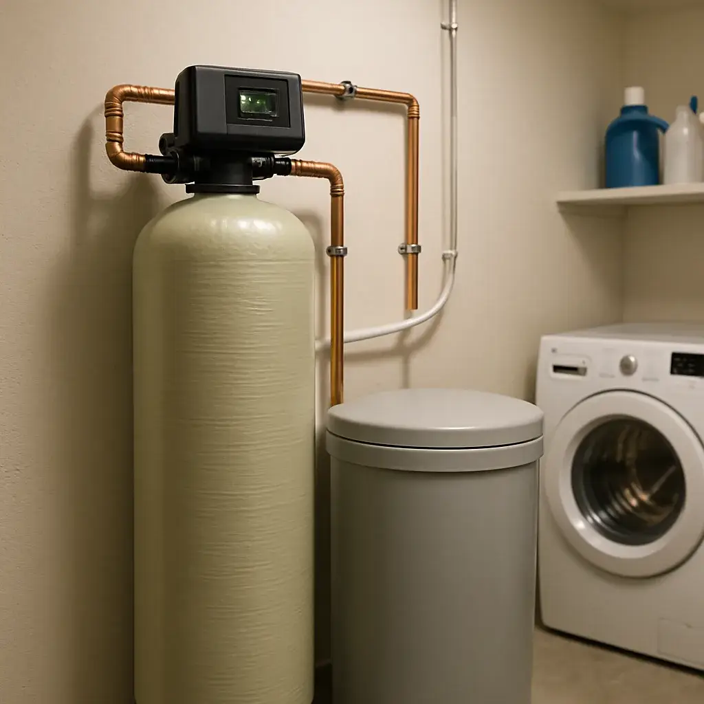 water-softener-repair-completed-laundry-room-sunnyvale Repaired water softener system in Sunnyvale laundry room after service