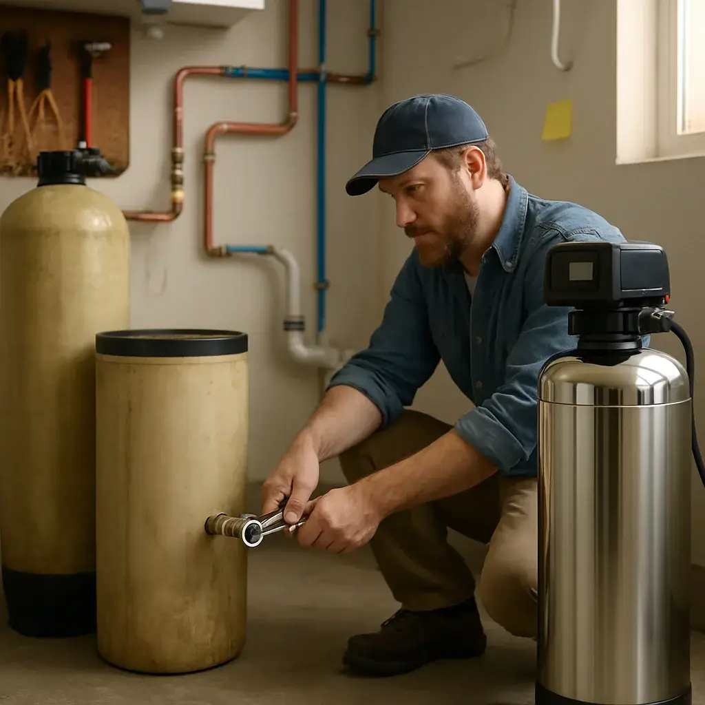 Plumber replacing old water softener system in Sunnyvale home utility room