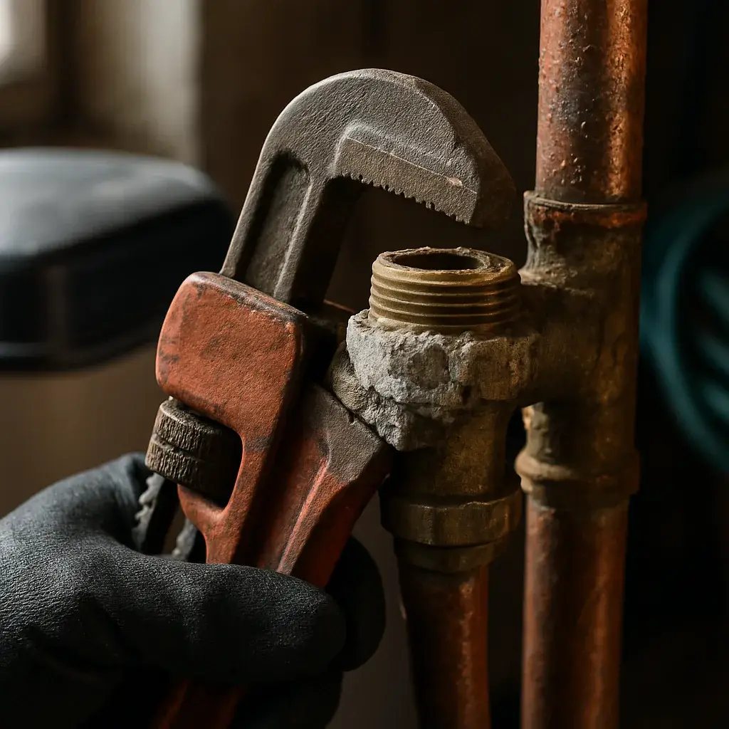 corroded-valve-water-softener-replacement-sunnyvale Close-up of corroded valve during water softener replacement in Sunnyvale home