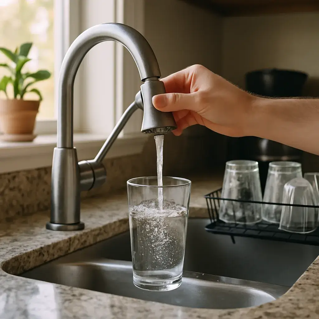 hard-water-spots-kitchen-sink-sunnyvale Homeowner noticing hard water spots before water softener replacement in Sunnyvale