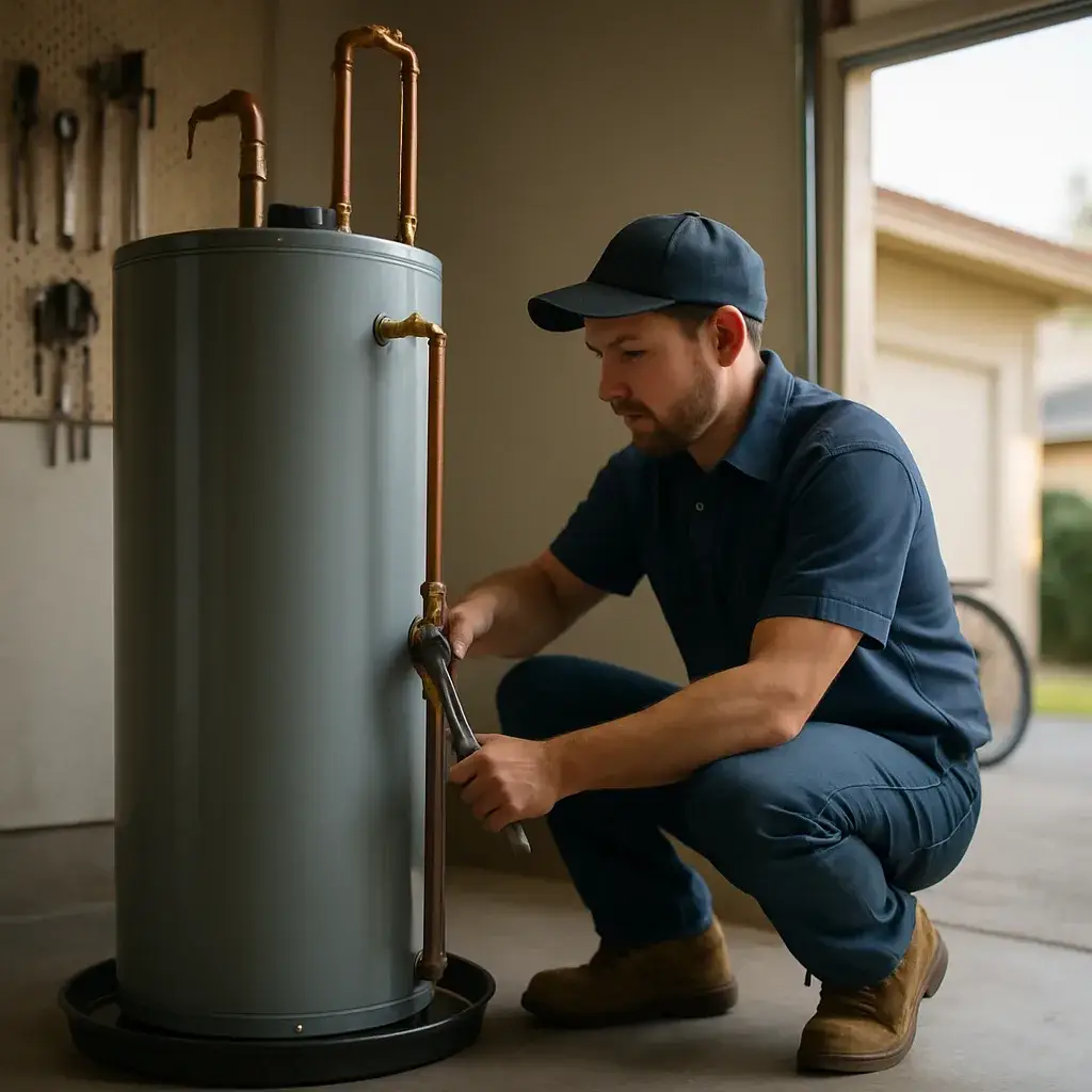 HVAC technician installing water tank heater in Sunnyvale home garage