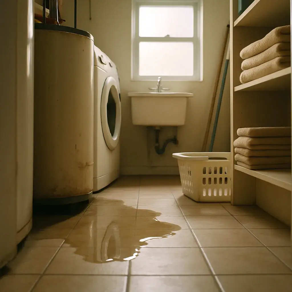 water-tank-leak-laundry-room-sunnyvale Water puddle under aging tank heater in Sunnyvale laundry room