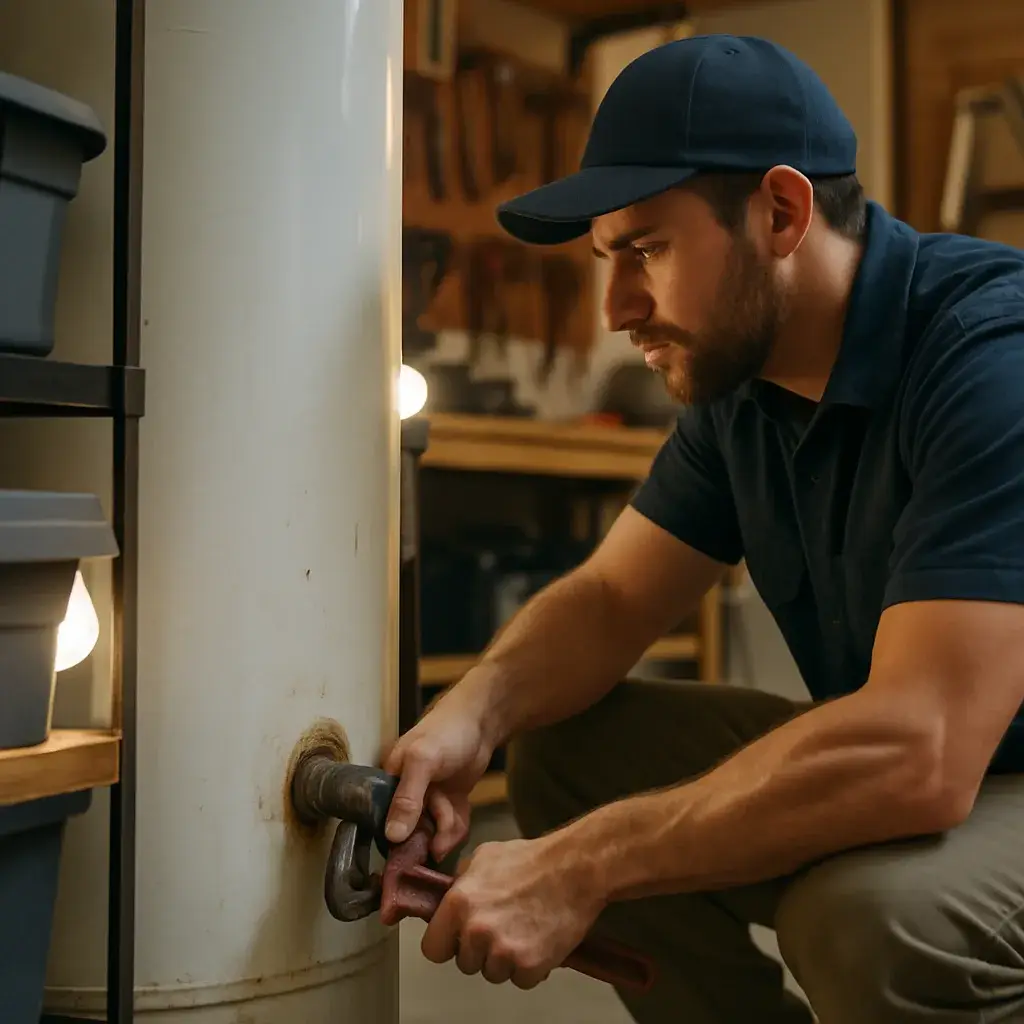 Technician repairing water heater tank valve in Sunnyvale garage