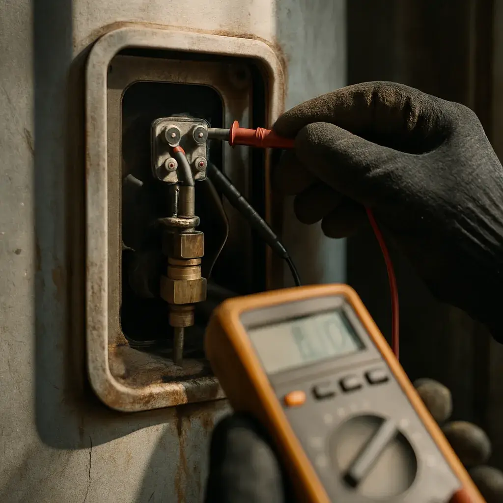 water-tank-repair-thermocouple-test-sunnyvale Close-up testing thermocouple on water heater during Sunnyvale repair