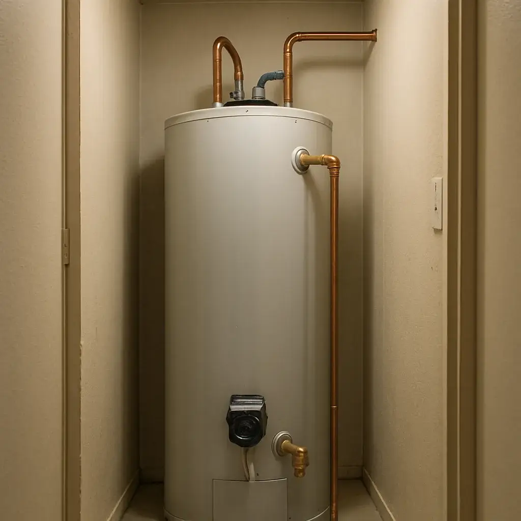 water-tank-repair-completed-valve-replacement-sunnyvale Repaired water heater tank with new valve in Sunnyvale home