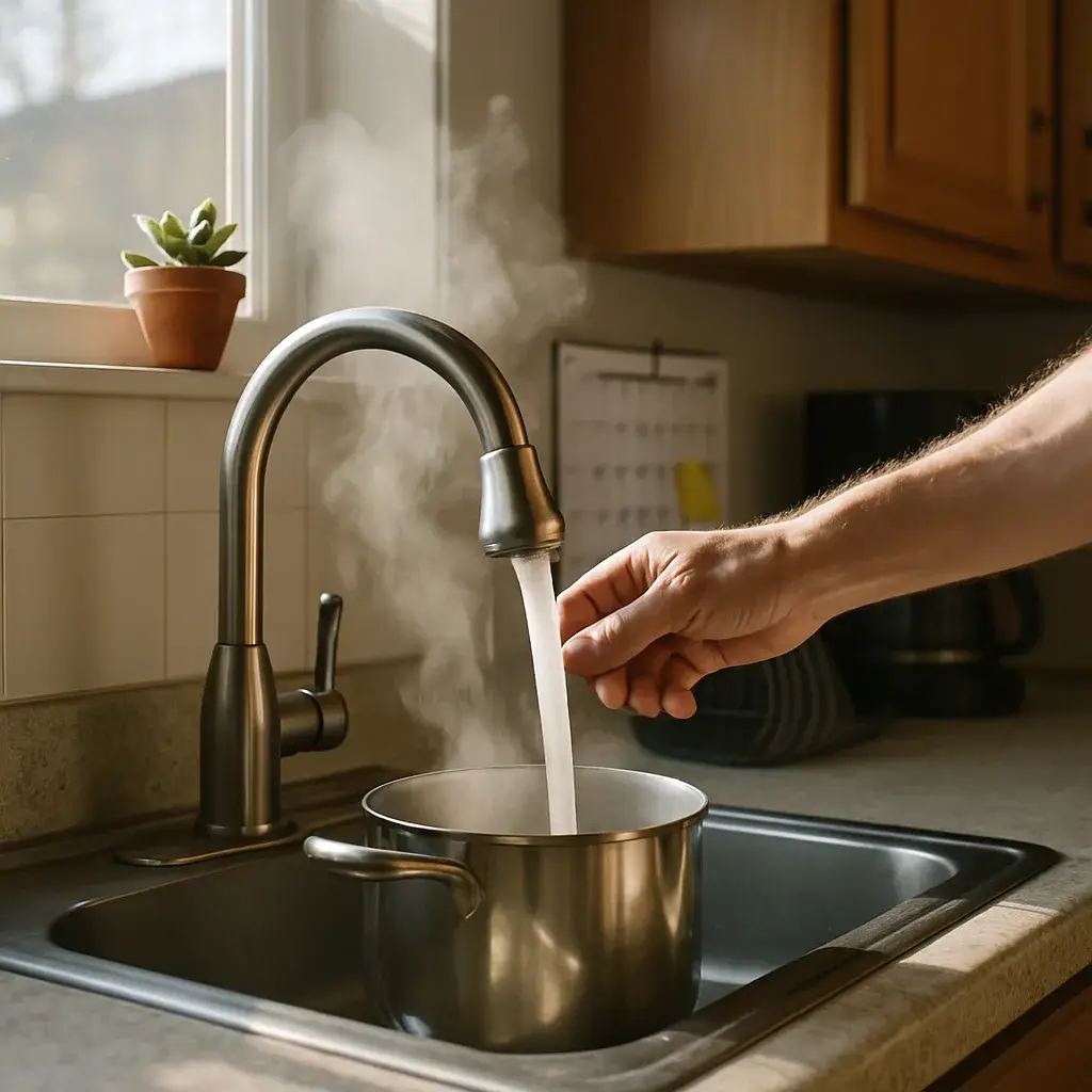 water-tank-repair-hot-water-restored-sunnyvale-kitchen Homeowner running hot water after water tank repair in Sunnyvale