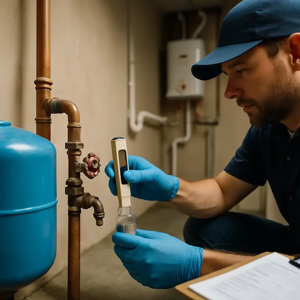 Technician testing water quality at a home's supply line in Sunnyvale using a digital meter