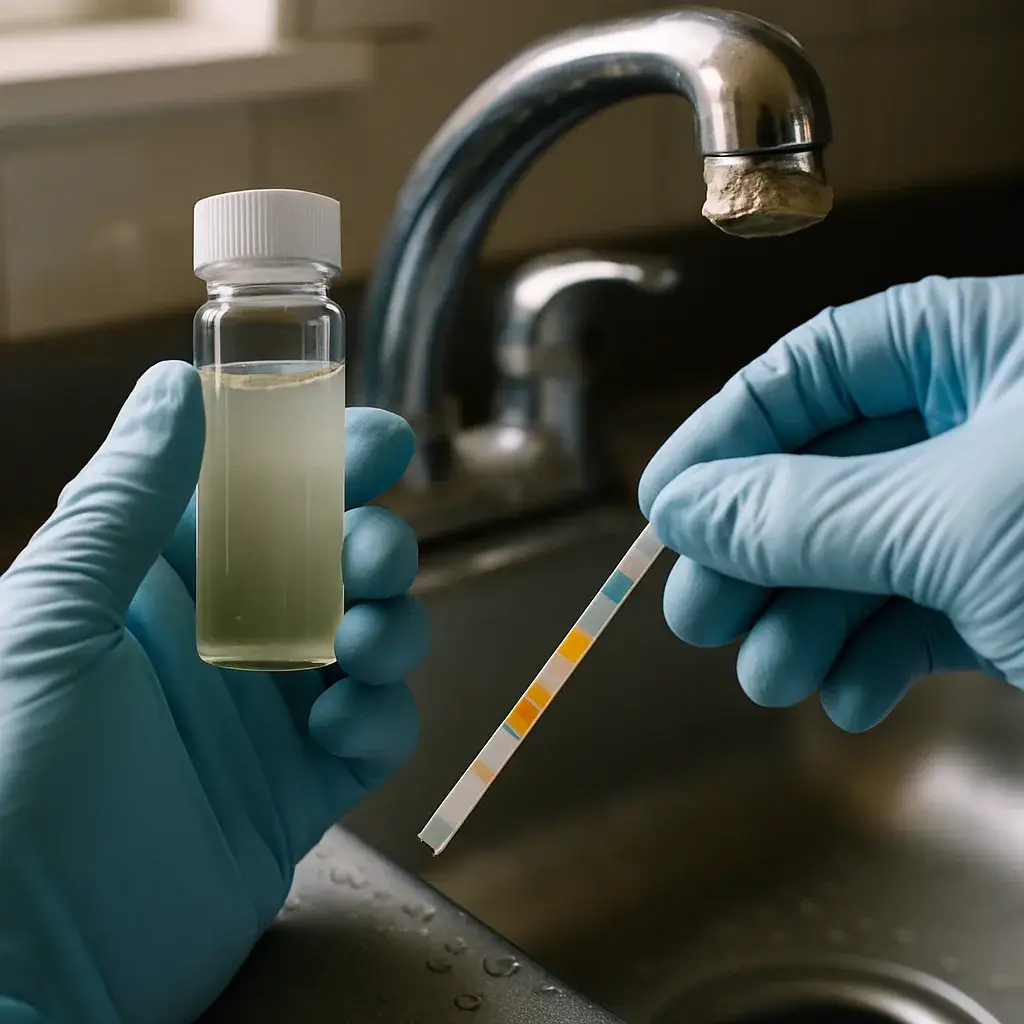 water-testing-sample-vial-mineral-buildup-sunnyvale Close-up of water sample vial and test strip near mineral-crusted faucet in Sunnyvale home