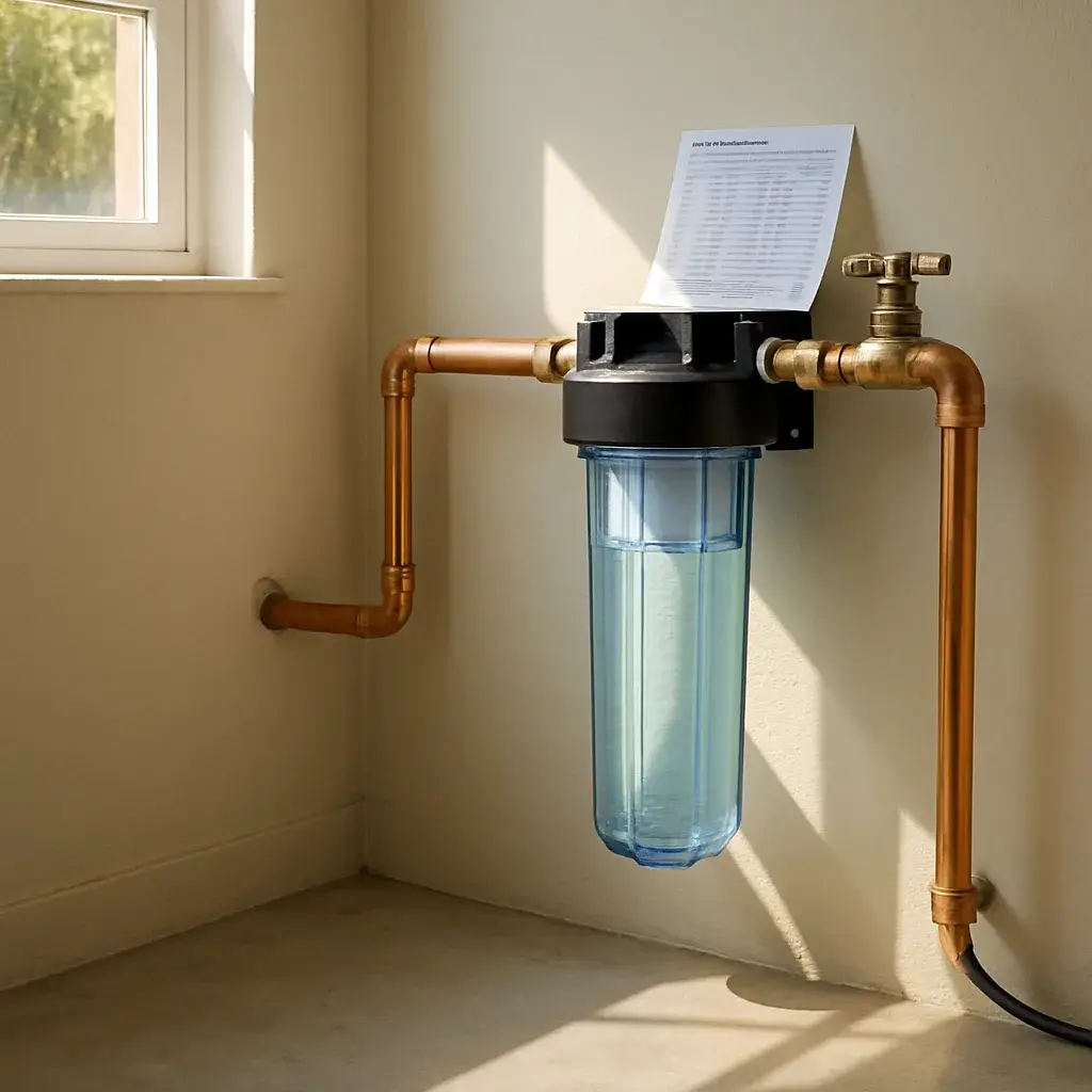 water-testing-filtration-system-result-sunnyvale Installed whole-house water filtration system with clear canister in Sunnyvale utility room