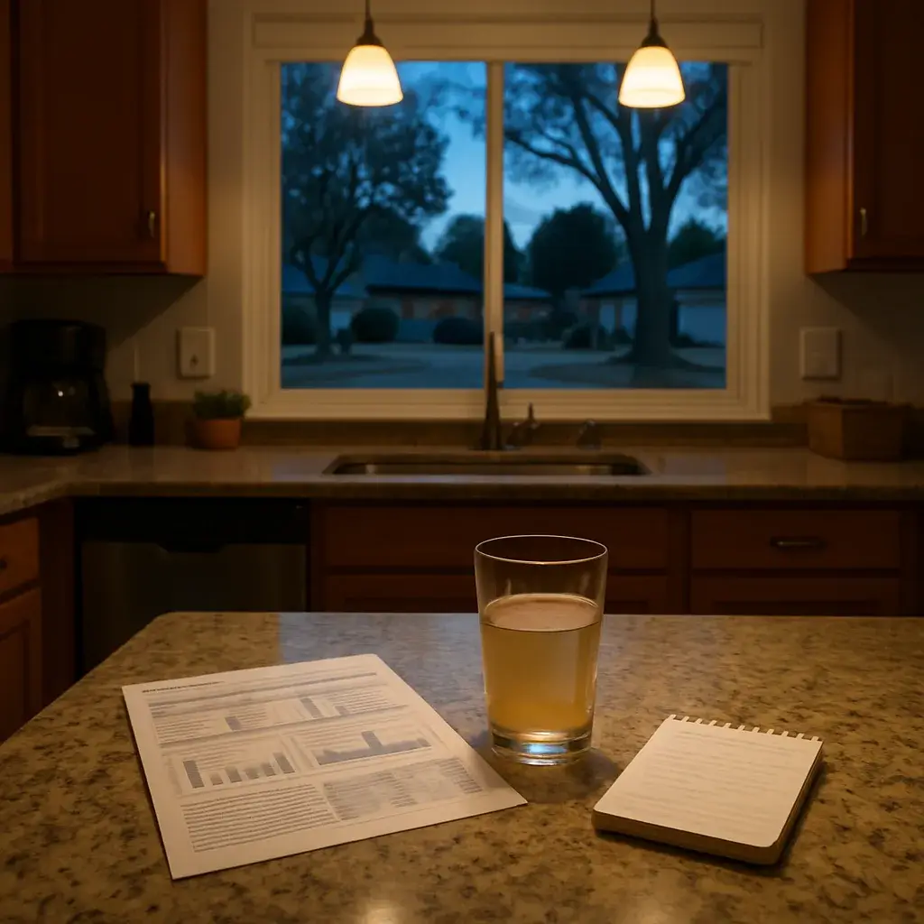 water-testing-report-kitchen-counter-sunnyvale Glass of tap water and water quality report on a Sunnyvale kitchen counter at dusk