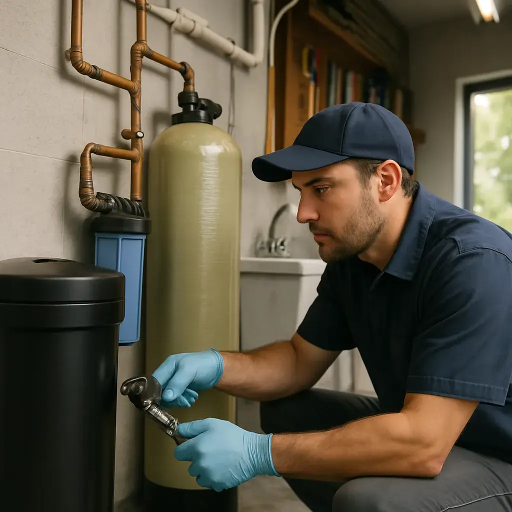 Technician installs well water treatment system valve in Sunnyvale garage