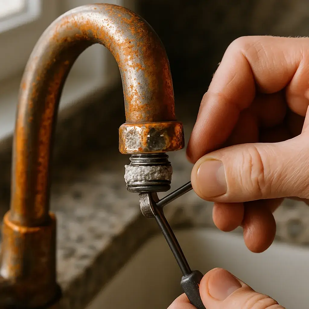 well-water-rust-stains-faucet-sunnyvale Rust and mineral scale buildup on kitchen faucet from well water in Sunnyvale