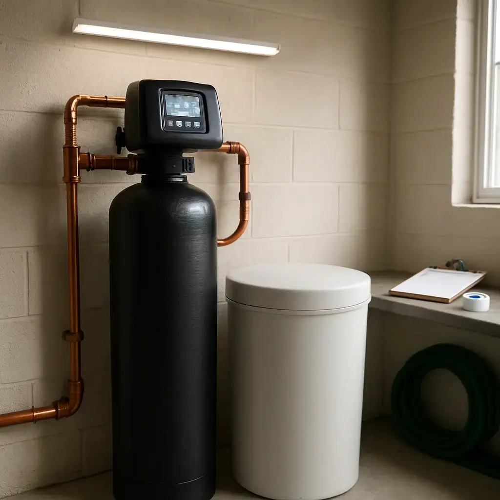 well-water-treatment-completed-install-sunnyvale Completed well water treatment system installed in Sunnyvale home garage