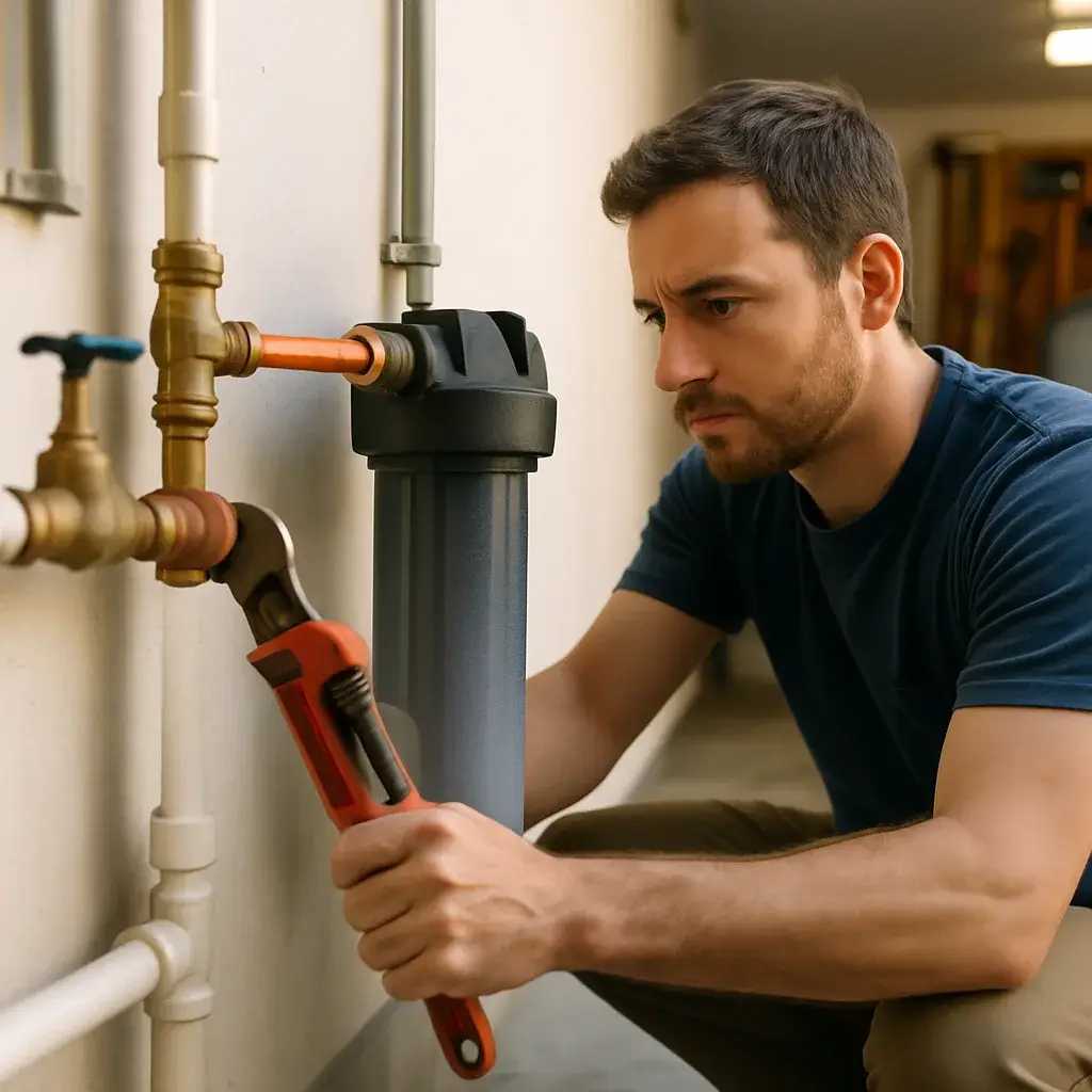 Technician installing whole-home water filtration system on main line in Sunnyvale garage
