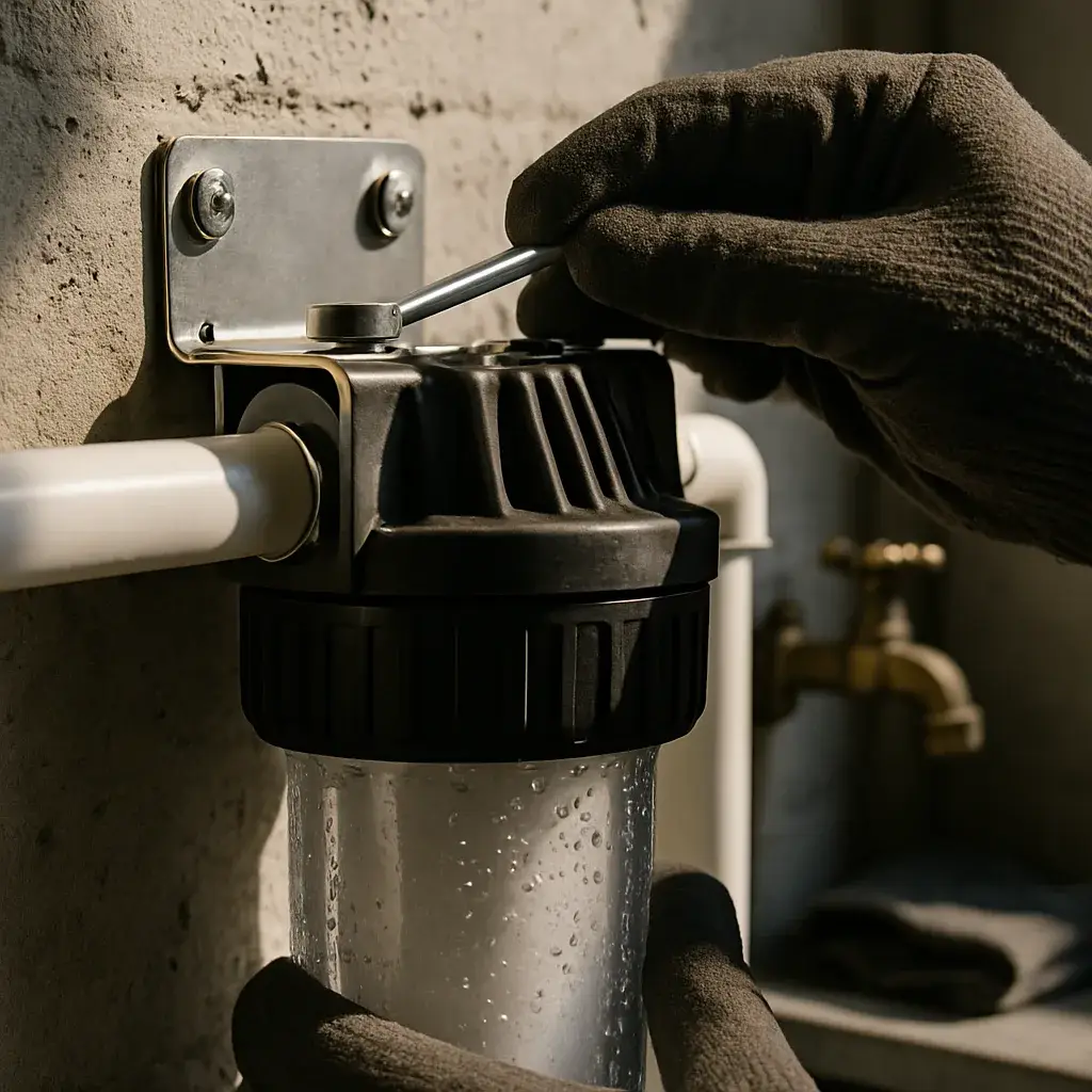 whole-home-filter-housing-bracket-installation-detail-sunnyvale Close-up hands mounting whole-home water filter housing bracket in Sunnyvale garage