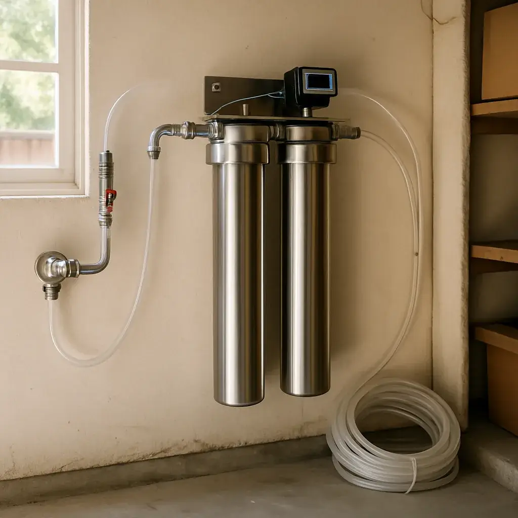 whole-home-water-filtration-system-completed-installation-sunnyvale Completed whole-home water filtration system installed in Sunnyvale garage